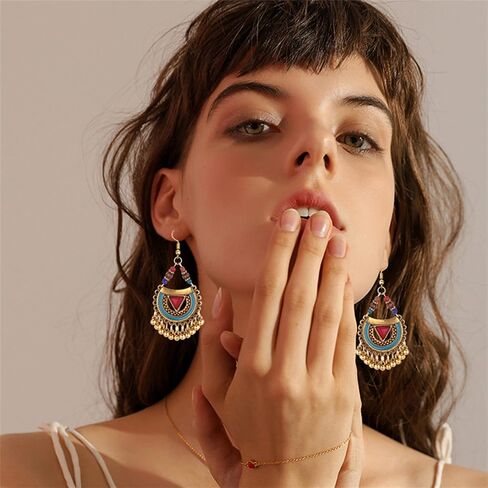 Handmade Bohemian Vintage Gold Bronze Round Flower Geometry Dangle Drop Earrings with Many Teardrop Pendant for Women Girls in Kuwait