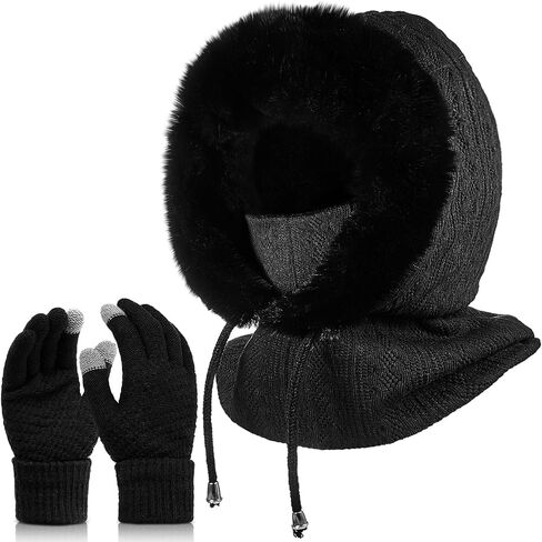 Winter Balaclava Hat Running Touch Screen Mittens Set Thermal Ski Bundle Face Mask and Gloves Knit Hooded Scarf Beanie for Women Outdoor Sport Black in Saudi Arabia