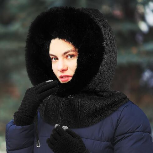 Winter Balaclava Hat Running Touch Screen Mittens Set Thermal Ski Bundle Face Mask and Gloves Knit Hooded Scarf Beanie for Women Outdoor Sport Black in Saudi Arabia