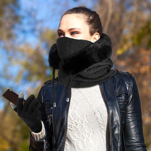 Winter Balaclava Hat Running Touch Screen Mittens Set Thermal Ski Bundle Face Mask and Gloves Knit Hooded Scarf Beanie for Women Outdoor Sport Black in Saudi Arabia