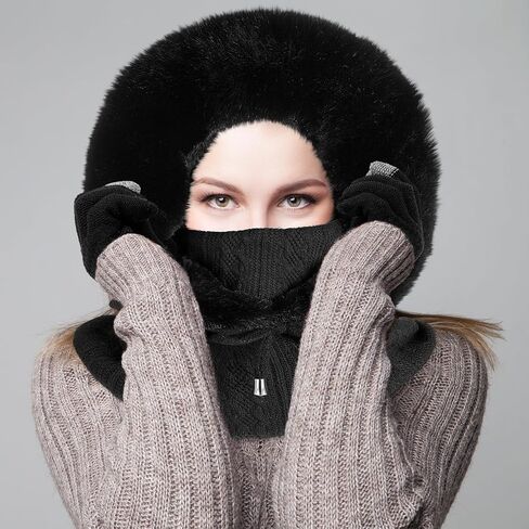 Winter Balaclava Hat Running Touch Screen Mittens Set Thermal Ski Bundle Face Mask and Gloves Knit Hooded Scarf Beanie for Women Outdoor Sport Black in Saudi Arabia