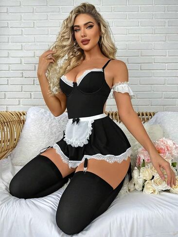 COZYEASE Women's Lace Classi Garter Lingerie Set Sheer Mesh Babydoll Dress Nightgown Costumes Set in Saudi Arabia
