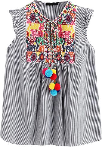Floerns Women's Ruffle Striped Mexican Embroidered Babydoll Blouse Top in Saudi Arabia