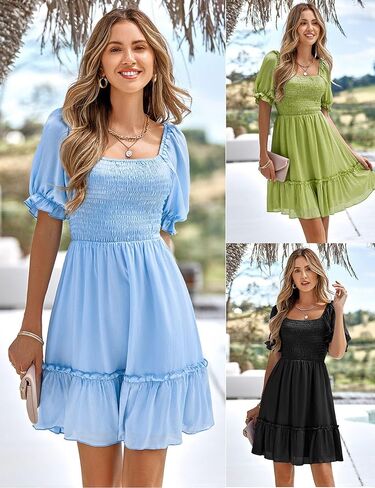 Infashule Women's Summer Short Puff Sleeve Smocked Dress Ruffle Tiered A Line Swing Dresses in Kuwait
