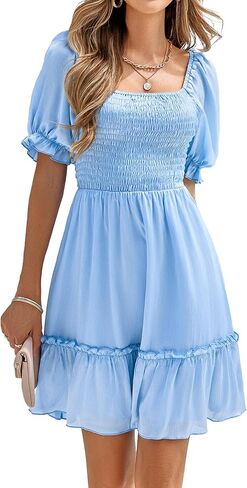 Infashule Women's Summer Short Puff Sleeve Smocked Dress Ruffle Tiered A Line Swing Dresses in Kuwait