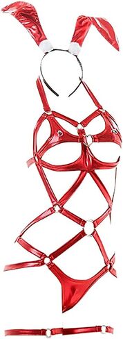 بدلة نسائية من MEOWCOS على شكل أرنب مجوفة من ثلاث نقاط مع عصابة شعر وحلقات للساق (أحمر، مقاس واحد) in Kuwait