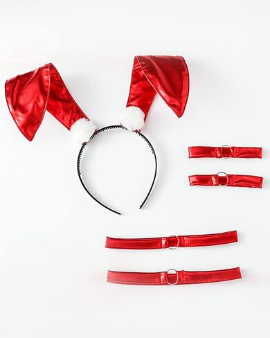 بدلة نسائية من MEOWCOS على شكل أرنب مجوفة من ثلاث نقاط مع عصابة شعر وحلقات للساق (أحمر، مقاس واحد) in Kuwait