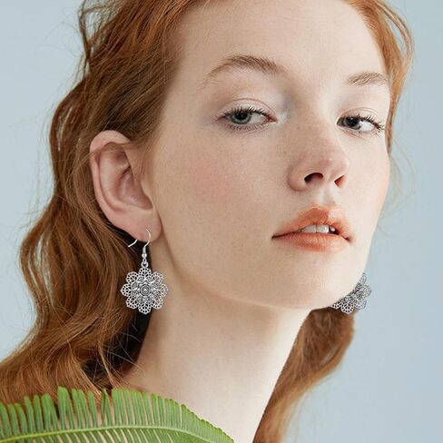 أقراط بوهو للنساء العصرية، أقراط متدلية على شكل زهرة عتيقة، أقراط متدلية من الفضة البوهيمية العتيقة للفتيات، مجوهرات قبيلة مجوفة من الزهور العتيقة in Kuwait