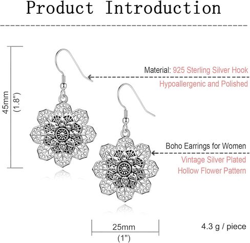 أقراط بوهو للنساء العصرية، أقراط متدلية على شكل زهرة عتيقة، أقراط متدلية من الفضة البوهيمية العتيقة للفتيات، مجوهرات قبيلة مجوفة من الزهور العتيقة in Kuwait