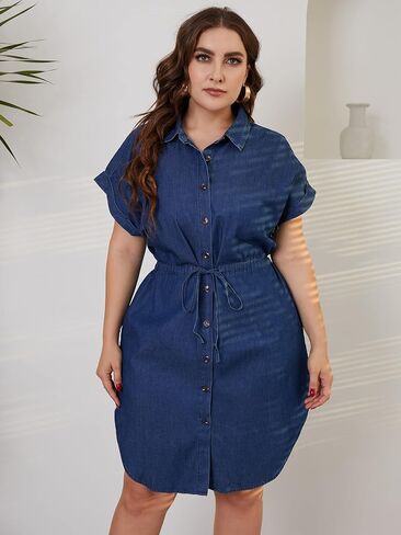 فستان Love Welove Fashion النسائي الصيفي من قطن الدنيم بأكمام قصيرة وطول الركبة وأزرار سفلية فستان كاجوال مع جيوب in Saudi Arabia