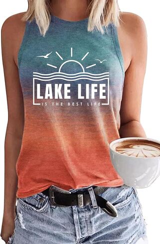 قمصان بدون أكمام صيفية من Lake Life للنساء قميص صيفي مضحك للعطلات في بحيرة كاميس للفتيات المراهقات قميص بدون أكمام للتمرين in Kuwait