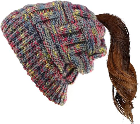 قبعة صغيرة على شكل كعكة فوضوية على شكل ذيل حصان، قبعة متماسكة بنقاط ملونة للنساء والفتيات في الشتاء in Kuwait