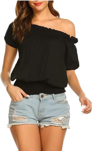 ELESOL بلوزة نسائية بدون أكتاف مكشكشة وعصر النهضة بوهو فلاحي بلوزة قرصان سموكد in Kuwait