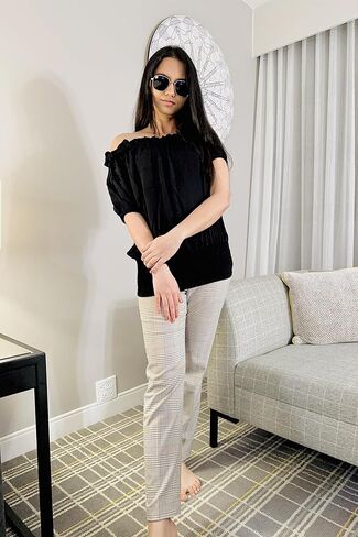 ELESOL بلوزة نسائية بدون أكتاف مكشكشة وعصر النهضة بوهو فلاحي بلوزة قرصان سموكد in Kuwait