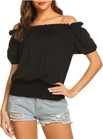 ELESOL بلوزة نسائية بدون أكتاف مكشكشة وعصر النهضة بوهو فلاحي بلوزة قرصان سموكد in Kuwait