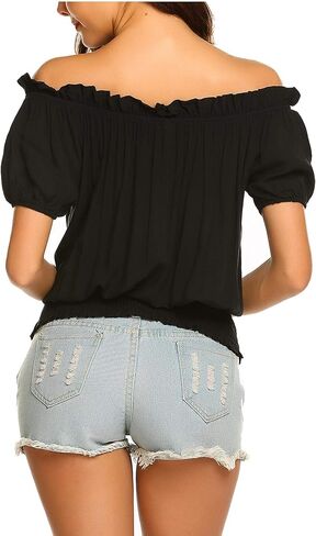 ELESOL بلوزة نسائية بدون أكتاف مكشكشة وعصر النهضة بوهو فلاحي بلوزة قرصان سموكد in Kuwait