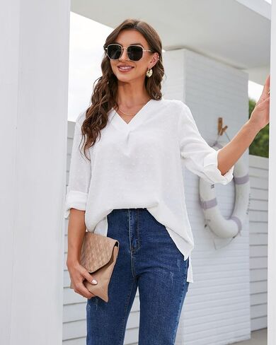 SPRING SEAON Women's Tunic Blouses Dressy Casual 3/4 Sleeve Tops Plus Size Loose Fit V-neck Office Wear in Kuwait