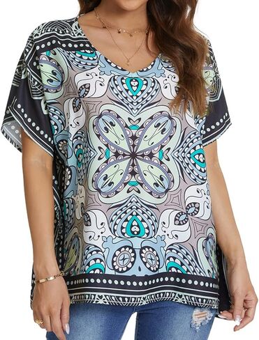 بلوزة تي شيرت نسائية فضفاضة كاجوال بأكمام قصيرة من الشيفون بالزهور من WEIYAN in Kuwait