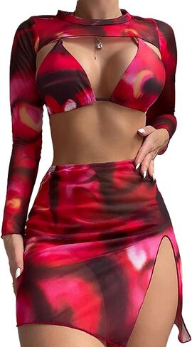 طقم بيكيني مكون من 4 قطع، ملابس سباحة ذات قصة عالية وملابس سباحة هالتر مع بلوزة وتنورة بأكمام طويلة in Kuwait