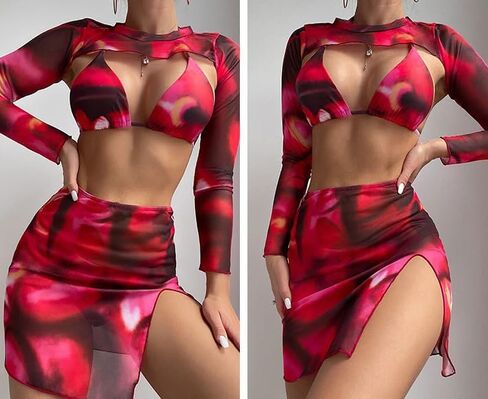 طقم بيكيني مكون من 4 قطع، ملابس سباحة ذات قصة عالية وملابس سباحة هالتر مع بلوزة وتنورة بأكمام طويلة in Kuwait