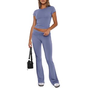 REORIA Women's Casual Outfits Soft Short Sleeve Crop Top Fold Over Flare Pants Y2K 2 Piece Pajama Lounge Sets