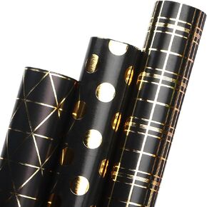 Ribbli Teal Gold Father’s Day Wrapping Paper Mini Roll, 3 Rolls Birthday Gift Wrap for Men Boy Friend Wedding - 17 inch x 120 inch(10feet) Per Roll