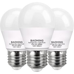 baoming أدى لمبة ضوء الثلاجة 50 واط يعادل، g45 5w 120v 500lm الثلاجة جهاز ضوء لمبة ضوء النهار الأبيض 5000k، مصابيح الثلاجة للماء، e26 مصابيح الفريزر غير قابلة للتعتيم، 3 حزم