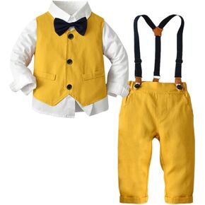Boys Tuxedo Suits, Button-Up Formal Shirt with Bow Tie + Vest + Suspender Pants Wedding Party Clothes Set， Black， Tag 175 = 9-10 Years