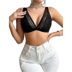 SHENHE Women's Floral Lace Sheer Backless Bralette Bras Scallop Trim Wireless Bras