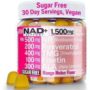1500mg NAD+ Sugar Free Gummies | NAD + Plus NR TMG ALA Trans-Resveratrol Fisetin Supplements | Nicotinamide Riboside Trimethylglycine Alpha Lipoic Acid Betaine Pills Capsules Tincture Supplement Alt