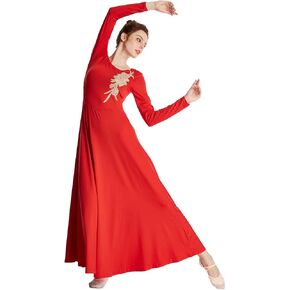 REXREII Womens Long Sleeve Worship Costume Praise Liturgical Dance Applique Dress Adult Lyrical Celebration Choir Gown