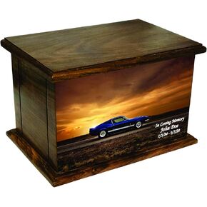 Classic Car Sunset Human Adult Size Wooden Cremation Urn with Custom Picture and Personalization