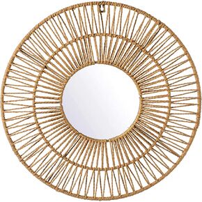 Vintiquewise Decorative Woven Paper Rope Round Shape Bamboo Wood Modern Hanging Wall Mirror
