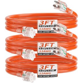 50ft 12/3 Gauge Outdoor Extension Cord Waterproof with Lighted Indicator,12 Gauge SJTW Heavy Duty 15Amp 1875W,3 Prong Cords Flexible 100% Copper Yellow ETL Listed