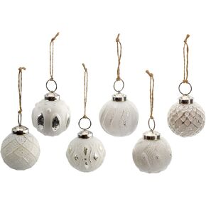 AuldHome Farmhouse Ball Ornaments (Set of 6, 2", Silver); Distressed Metal Tin Glass Ball Vintage Style Christmas Decorations
