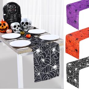 3 Pcs Halloween Table Runner Linen Spider Web Table Runner Purple Orange Black Table Cloth Cobweb Halloween Party Decoration Tabletop Centerpieces for Kitchen Dining Room Home 12 x 71 Inch