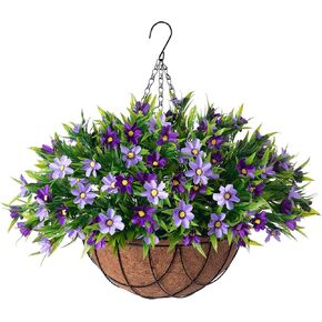 Artificial Hanging Flowers with 12" Basket for Outdoor Decor, Faux Silk Daisy Flower UV Resistant Plants Arrangements Decoration for Indoor Porch Garden Yard(Orange)