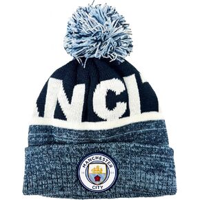 Kid's Manchester City Beanie, Licensed Man City Pom Pom Knit Skull Winter Hat Blue