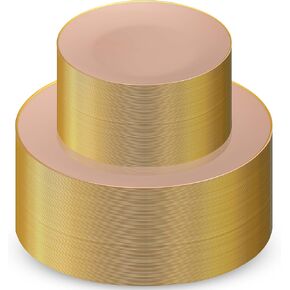 100 Pink Gold Plastic Plates Set, 50 Pcs 10.25 Inch Plastic Dinner Plates and 50 Pcs 7.5 Inch Plastic Dessert Plates, Elegant Fancy Heavy Duty Disposable Plates for Party, Wedding, Pink with Gold Rim