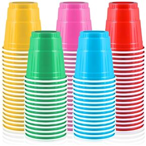 100 Pack 2 oz Plastic Shot Cups, Mini Disposable Shot Glasses, 2 oz Party Mini Cups for Bachelorette Party, Birthday Party, Party Favors, Baby Shower Supplies (Multi Colors)