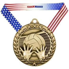 Decade Awards Volleyball Medal, Gold - 2.75 Inch Wide with 2 Ribbon Options