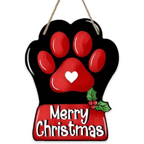 Merry Christmas Dog Cat Paw Front Door Sign, Xmas Wood Door Hanger Outdoor Outside Porch Decor, Holiday Wooden Wreath Indoor Wall Hanging Decoration Pet Lover Gifts