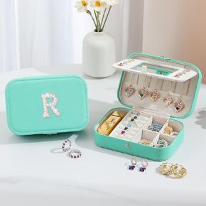 Parima Travel Jewelry Case - Personalized Small Pearl Jewelry Box for Women, Jewelry Organizer for Women, Initial Jewelry Box for Women, Monogram Jewelry Case Organizer with Mirror V