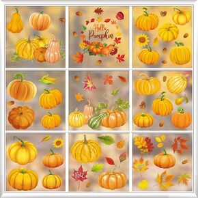 9 Sheet Pumpkin Maple Leaves Window Stickers Decals Thanksgiving Autumn Window Clings for Thanksgiving Fall Window Decoration, Yellow