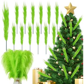 Civaner 12 Pcs Green Christmas Tree Topper 14'' Green Furry Stems Lime Green Curly Picks Stems Christmas Ornaments Picks for Xmas Tree Topper Home Vase Fillers Decorations