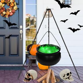 Halloween Decorations Outdoor, Witch Cauldron Black Plastic Bowl Decor On Tripod with Lights Halloween Cauldron Pot, Large Witches Cauldron Hocus Pocus Candy Bucket Decoration for Porch Home Party