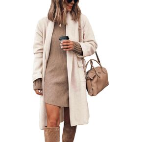 Hooever Women's Open Front Wool Coat Long Sleeve Lapel Coat Long Cardigan with Pockets