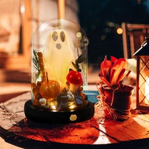 Halloween Ghost Decor-Halloween Decorations Indoor-Light Up Cute Ghost in Glass Cloche Kit-Ghost Figurine LED Night Light for Home Mantel Kitchen Table Party Office and Spooky Holiday Decorations