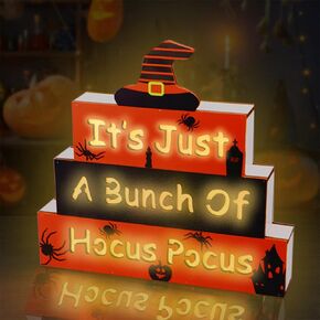 Halloween Wooden Block Sign with Led Lights Letters,Halloween Decorations Indoor Halloween table decor,Witch Hat, Black Spider, Battery Operated Halloween Party Decorations for Mantels, Tiered Trays, Shelves