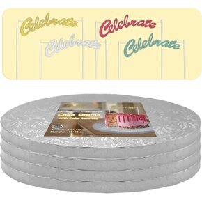 10 Inch Cake Drums,Silver Cake Boards 10 Inch Round(4-Pack),1/2 Inch Thick Cake Boards with Banner Cake Topper,Sturdy,Greaseproof for Birthday Wedding Multi-Tiered Party Cake by GoldenBakeryFamily